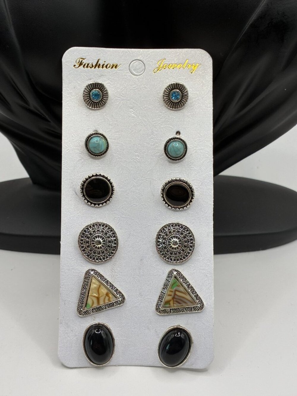 6-Pack Silver Stud Earrings - Blue, Black, Turquoise, Earth